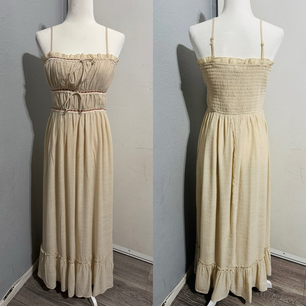 Cottagecore Sincerely Jules Cream Smocked Peasant Maxi Bohemian Tiered‎ Dress M - Picture 2 of 15